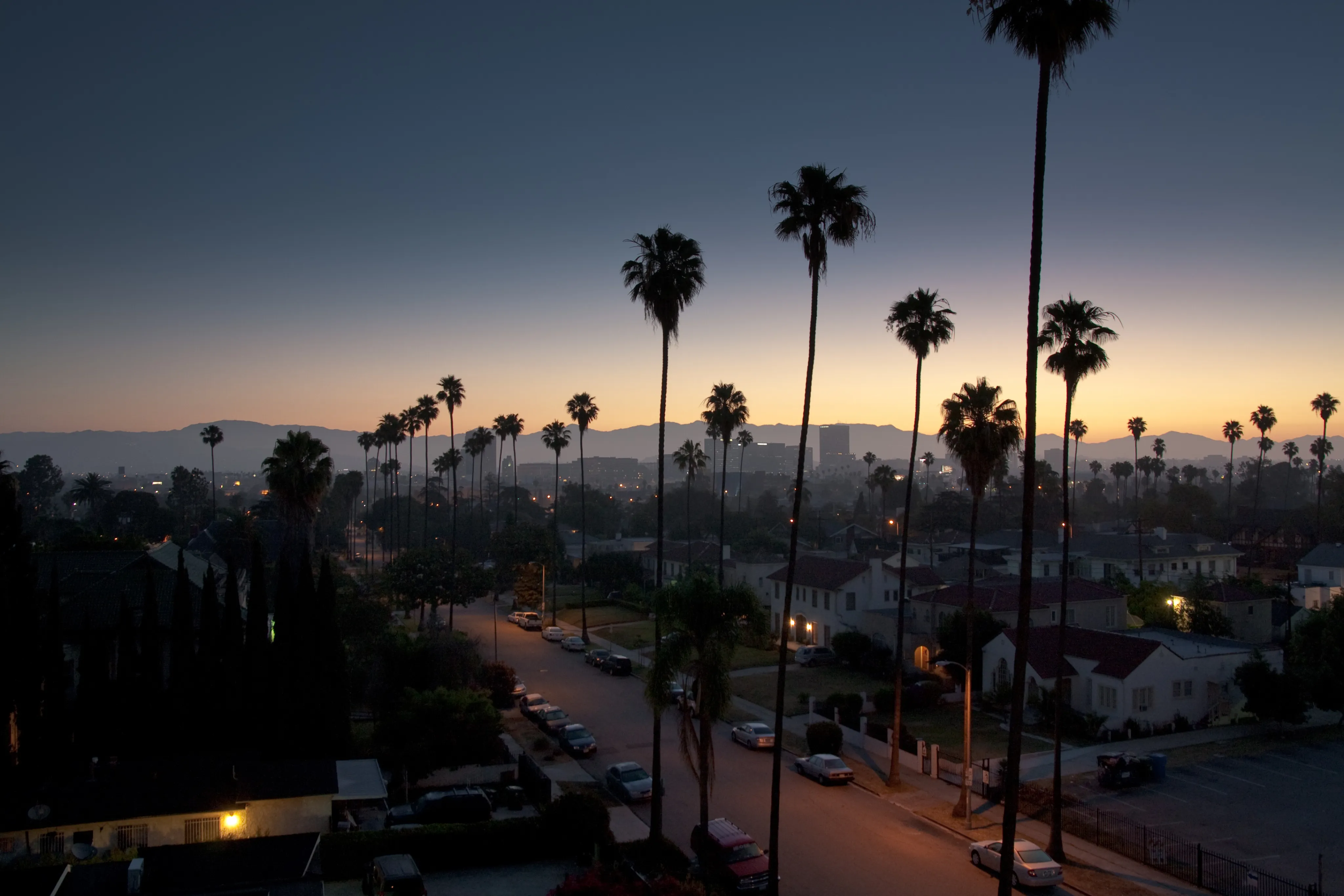 Los Angeles neighborhood with palm trees at sunset