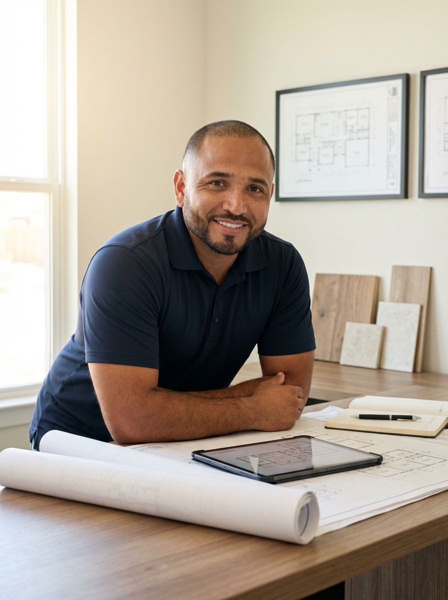 Hugo Ochoa, founder of Ochoa Builders, at his desk with architectural plans